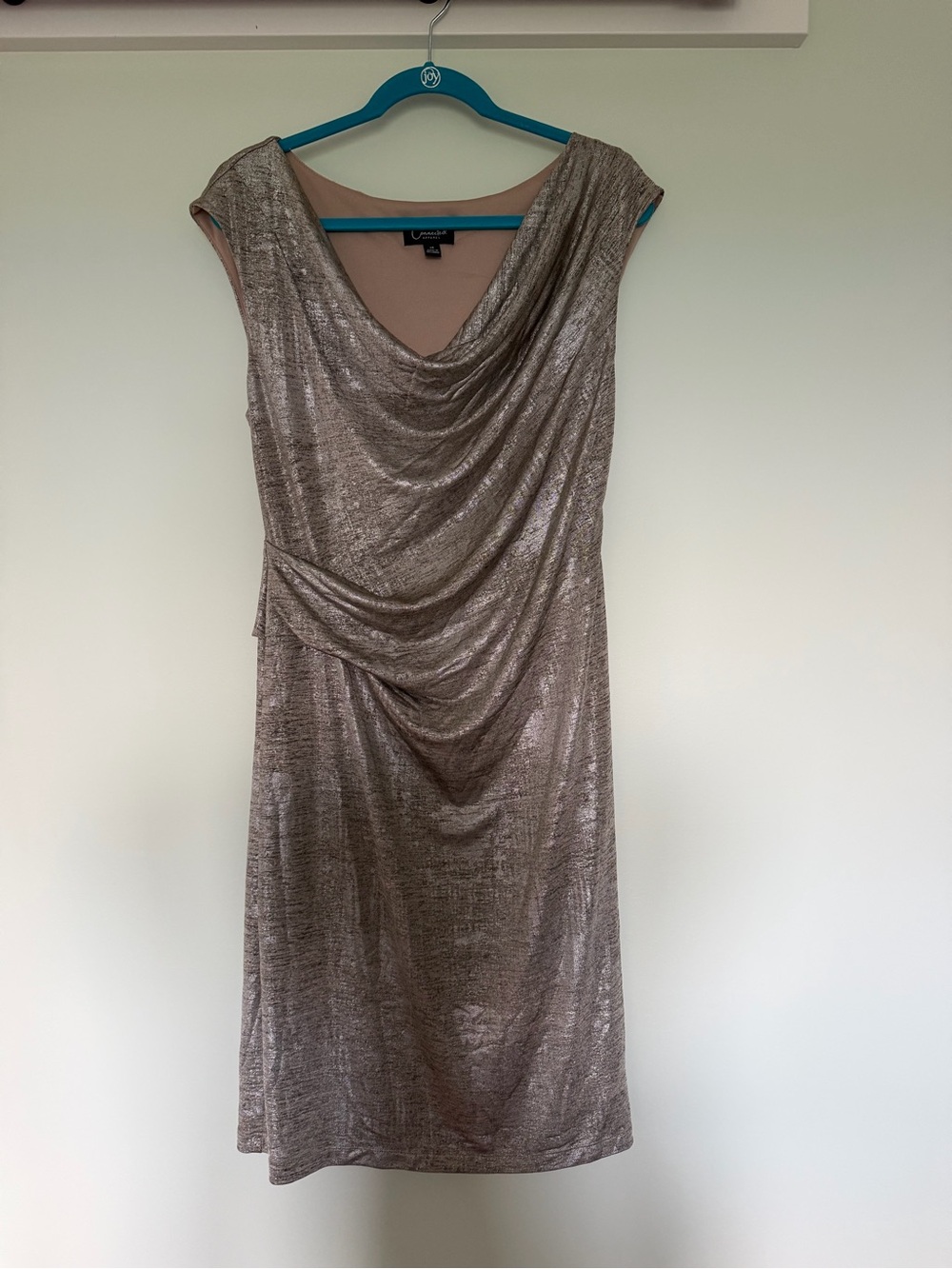 connected apparel Metallic Taupe Cowl Neck Midi Dress